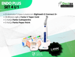 Promotivni plakat za Dentex sajamsku ponudu tvrtke Focus Dental. Prikazuje Endo Plus Set 4 u 1: endomotor s apex lokatorom Eighteeth E Connect S+, uz Fanta iglice, gutaperku i papirnate poene, s istaknutom cijenom od 1.499 € s PDV-om.