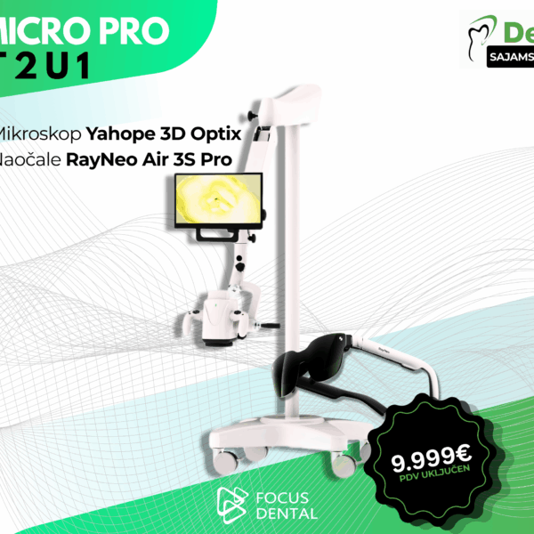 Promotivni plakat za Dentex sajamsku ponudu tvrtke Focus Dental. Prikazuje 3D Micro Pro Set 2 u 1: 3D Mikroskop Yahope 3D Optix i pametne 3D naočale RayNeo Air 3S Pro uz cijenu od 9.999 € s PDV-om.