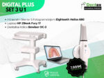 Promotivni plakat za Dentex sajamsku ponudu tvrtke Focus Dental. Prikazuje Digital Plus Set 3 u 1: intraoralni skener s fotogrametrijom Eighteeth Helios 680, HP ZBook Fury 17 laptop i dentalna kolica, uz istaknutu cijenu od 7.999 € s PDV-om.