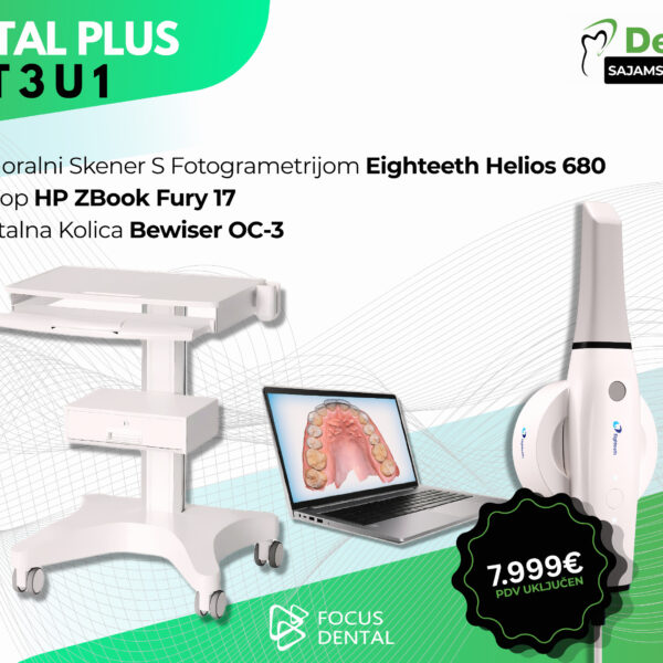 Promotivni plakat za Dentex sajamsku ponudu tvrtke Focus Dental. Prikazuje Digital Plus Set 3 u 1: intraoralni skener s fotogrametrijom Eighteeth Helios 680, HP ZBook Fury 17 laptop i dentalna kolica, uz istaknutu cijenu od 7.999 € s PDV-om.