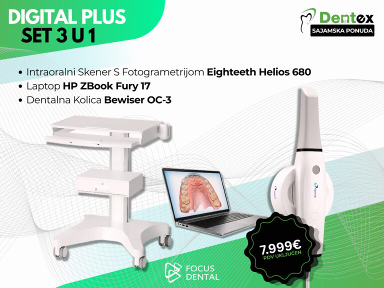 Promotivni plakat za Dentex sajamsku ponudu tvrtke Focus Dental. Prikazuje Digital Plus Set 3 u 1: intraoralni skener s fotogrametrijom Eighteeth Helios 680, HP ZBook Fury 17 laptop i dentalna kolica, uz istaknutu cijenu od 7.999 € s PDV-om.