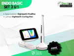 Promotivni plakat za Dentex sajamsku ponudu tvrtke Focus Dental. Prikazuje Endo Basic Set 2 u 1: apex lokator Eighteeth FindPex i polimerizacijska lampa Eighteeth Curing Pen, uz istaknutu cijenu od 499 € s PDV-om.