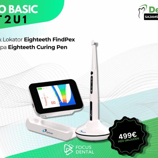 Promotivni plakat za Dentex sajamsku ponudu tvrtke Focus Dental. Prikazuje Endo Basic Set 2 u 1: apex lokator Eighteeth FindPex i polimerizacijska lampa Eighteeth Curing Pen, uz istaknutu cijenu od 499 € s PDV-om.