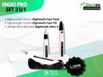 Promotivni plakat za Dentex sajamsku ponudu tvrtke Focus Dental. Prikazuje Endo Pro Set 3 u 1: sustav za opturaciju Eighteeth Fast Pack i Fast Fill te ultrasonični aktivator Eighteeth Ultra X, uz istaknutu cijenu od 1.199 € s PDV-om.