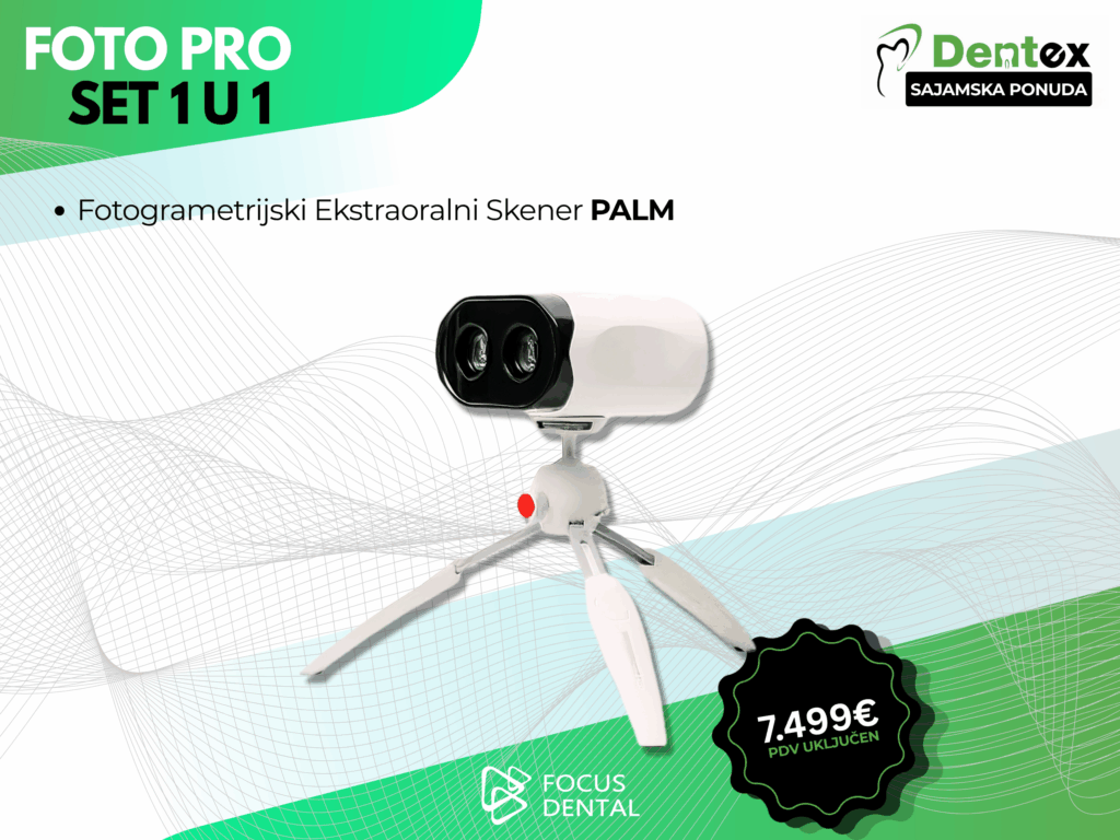 Promotivni plakat za Dentex sajamsku ponudu tvrtke Focus Dental. Prikazuje FOTO PRO Set 1 u 1: Fotogrametrijski ekstraoralni skener PALM, uz istaknutu cijenu od 7.499 € s PDV-om.
