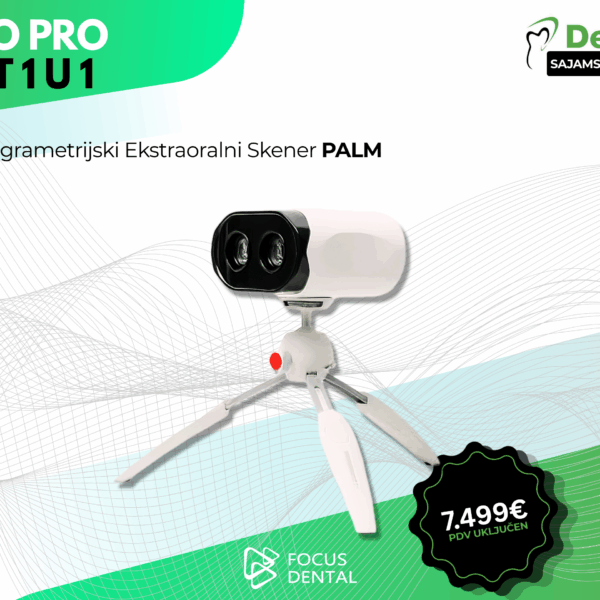 Promotivni plakat za Dentex sajamsku ponudu tvrtke Focus Dental. Prikazuje FOTO PRO Set 1 u 1: Fotogrametrijski ekstraoralni skener PALM, uz istaknutu cijenu od 7.499 € s PDV-om.