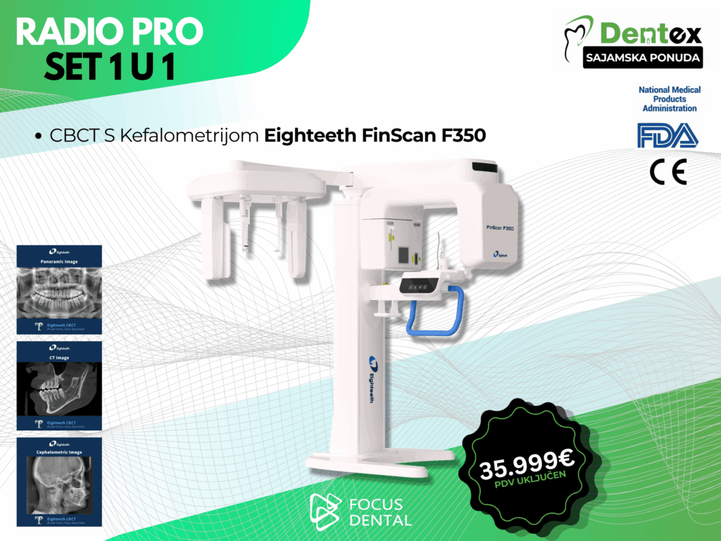 Promotivni plakat za Dentex sajamsku ponudu tvrtke Focus Dental. Prikazuje Radio Pro Set 1 u 1: CBCT uređaj s kefalometrijom Eighteeth FinScan F350 uz istaknutu cijenu od 35.999 € s PDV-om.