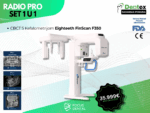 Promotivni plakat za Dentex sajamsku ponudu tvrtke Focus Dental. Prikazuje Radio Pro Set 1 u 1: CBCT uređaj s kefalometrijom Eighteeth FinScan F350 uz istaknutu cijenu od 35.999 € s PDV-om.