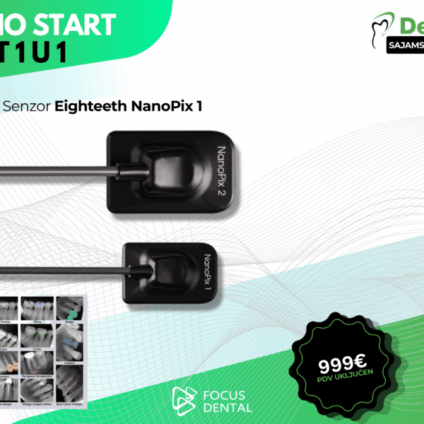Promotivni plakat za Dentex sajamsku ponudu tvrtke Focus Dental. Prikazuje Radio Start Set 1 u 1: RVG senzor Eighteeth NanoPix 1 uz pametnu AI dijagnostiku i istaknutu cijenu od 999 € s PDV-om.