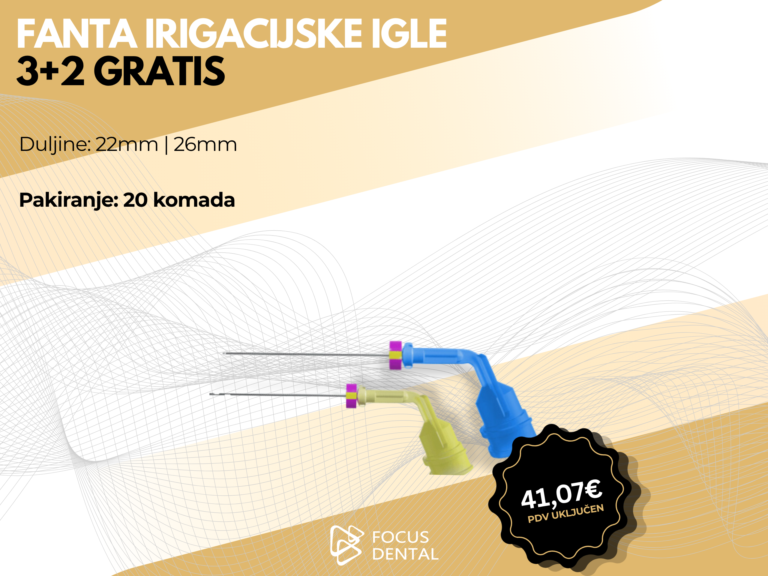 Ljetna akcija 3+2 GRATIS - Fanta irigacijske igle - Svi modeli Promotivni banner za ljetnu akciju 3+2 gratis na sve Fanta irigacijske igle. Prikazano je više različitih modela. Cijena 41,07 eura.