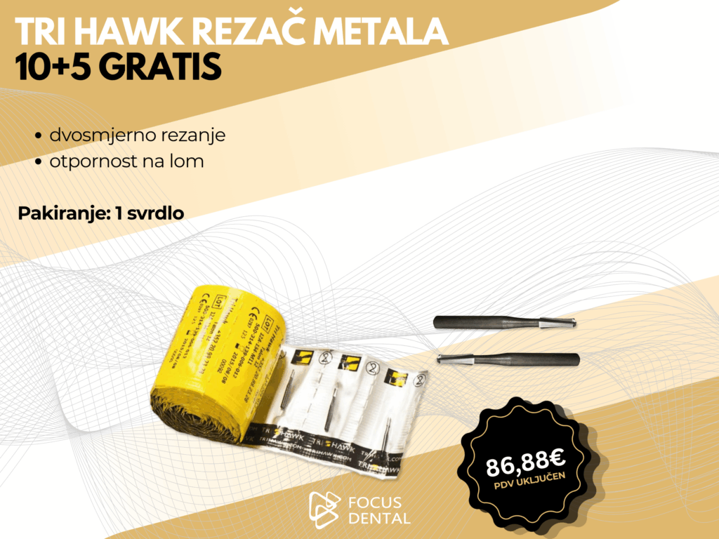 Ljetna akcija 10+5 gratis za Tri Hawk rezač metala. Prikazana su svrdla za rezanje mostova i krunica. Cijena 86,88 eura.