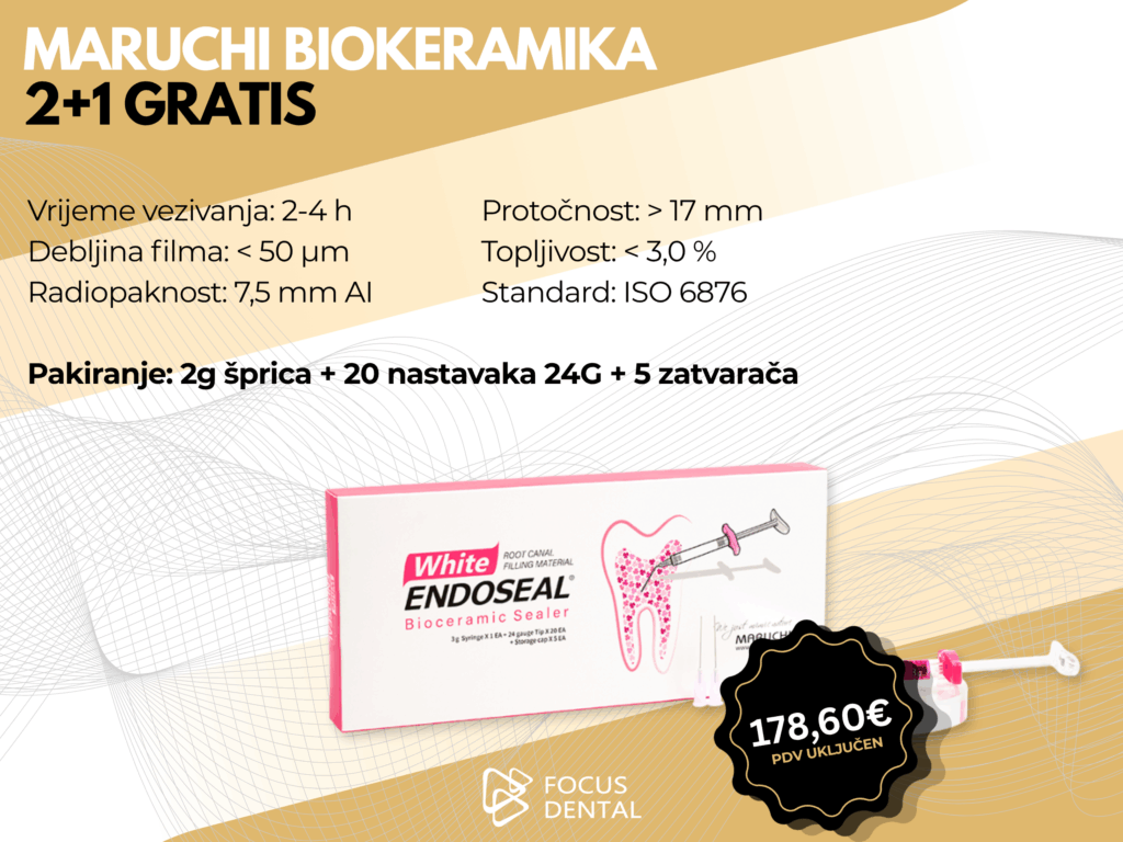Ljetna akcija 2+1 gratis za Maruchi Endoseal biokeramički sealer. Prikazano je pakiranje koje sadrži 2g špricu s nastavcima. Cijena 178,60 eura.
