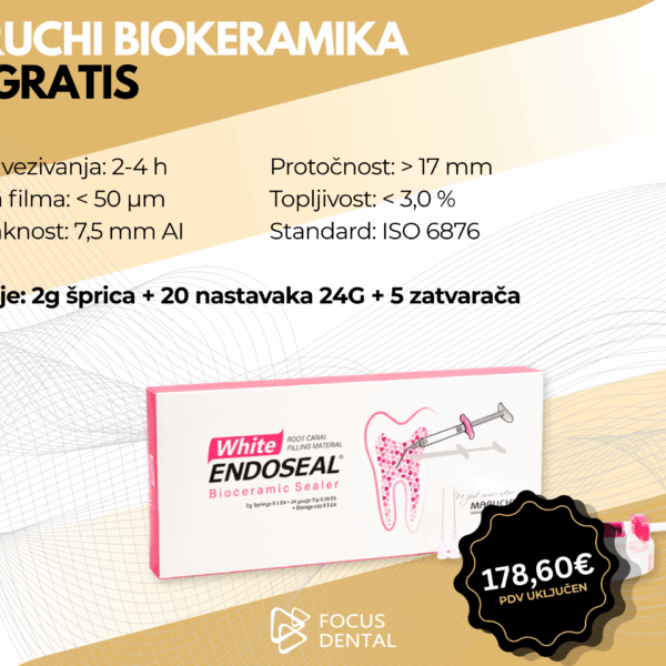 Ljetna akcija 2+1 gratis za Maruchi Endoseal biokeramički sealer. Prikazano je pakiranje koje sadrži 2g špricu s nastavcima. Cijena 178,60 eura.