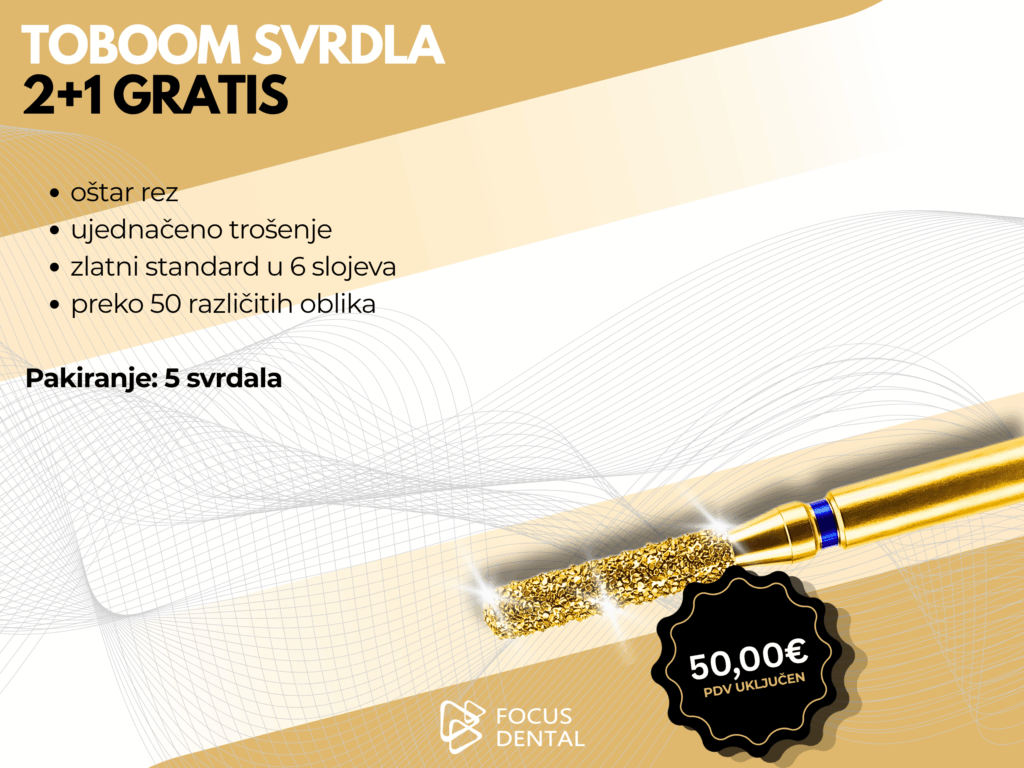 Ljetna akcija 2+1 gratis za Toboom stomatološka svrdla. Prikazani su različiti oblici instrumenata. Cijena 50 eura za 15 komada.
