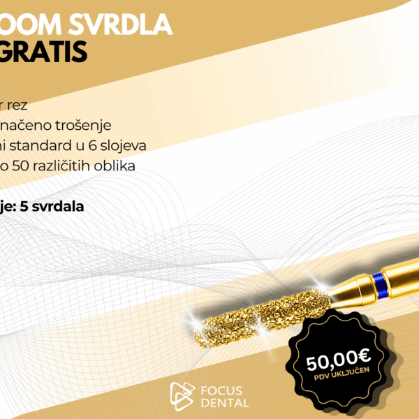 Ljetna akcija 2+1 gratis za Toboom stomatološka svrdla. Prikazani su različiti oblici instrumenata. Cijena 50 eura za 15 komada.