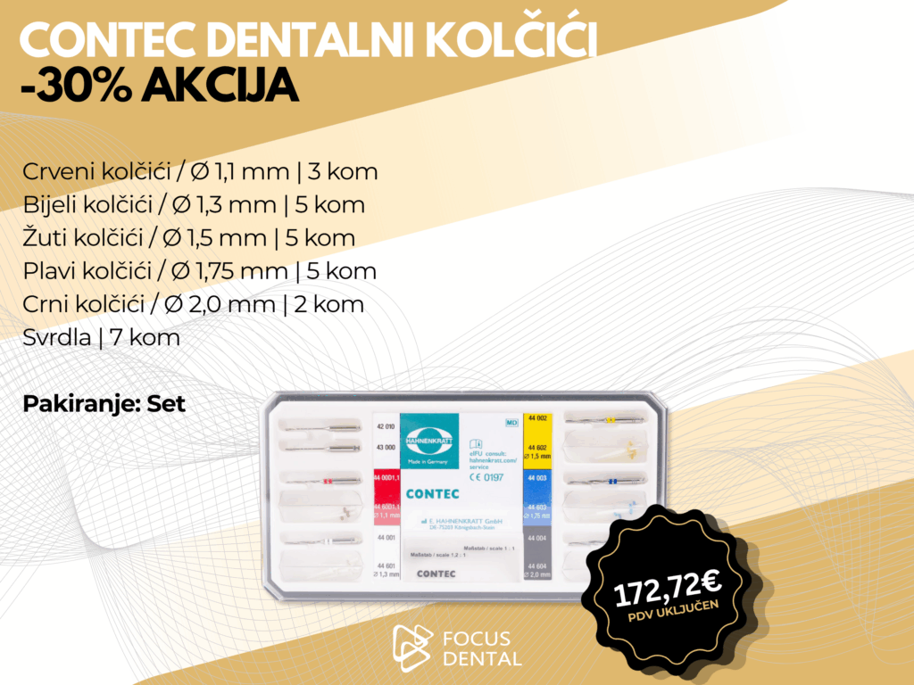 Ljetna akcija uz 30 posto popusta za set Hahnenkratt Contec dentalnih kolčića sa svrdlima. Prikazano je pakiranje s različitim veličinama. Cijena 172,72 eura.