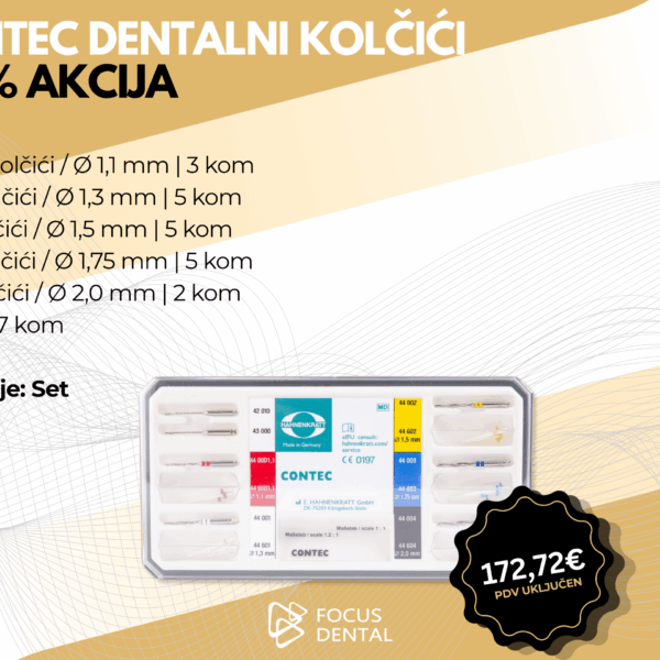 Ljetna akcija uz 30 posto popusta za set Hahnenkratt Contec dentalnih kolčića sa svrdlima. Prikazano je pakiranje s različitim veličinama. Cijena 172,72 eura.