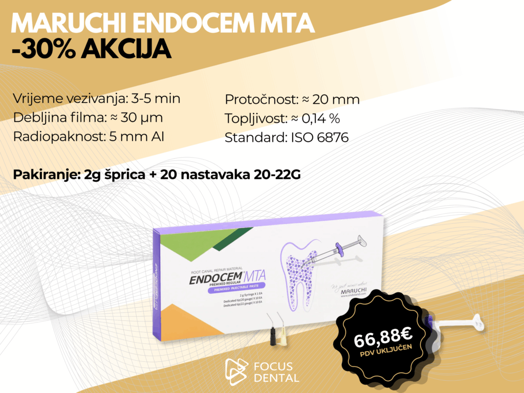 Ljetna akcija uz 30 posto popusta za Maruchi Endocem MTA. Prikazano je pakiranje koje sadrži 2g špricu s nastavcima. Cijena 66,88 eura.