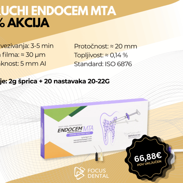 Ljetna akcija uz 30 posto popusta za Maruchi Endocem MTA. Prikazano je pakiranje koje sadrži 2g špricu s nastavcima. Cijena 66,88 eura.