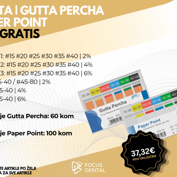 Ljetna akcija 3+2 gratis za Fanta Guttapercha i Paper Point. Prikazani su materijali za sušenje i punjenje kanala. Cijena 37,32 eura.