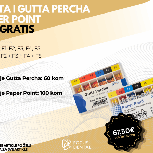 Ljetna akcija 3+2 gratis za strojne Fanta Guttapercha i Paper Point. Prikazani su materijali za sušenje i punjenje kanala. Cijena 37,32 eura.