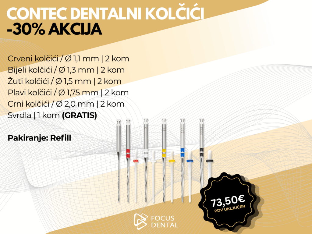 Ljetna akcija uz 30 posto popusta za refill Hahnenkratt Contec dentalnih kolčića sa svrdlima. Prikazano je pakiranje s različitim veličinama. Cijena 73,50 eura.