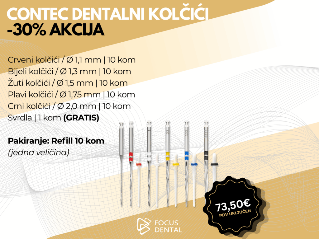 Ljetna akcija uz 30 posto popusta za refill Hahnenkratt Contec refill dentalnih kolčića sa svrdlima. Prikazano je pakiranje s različitim veličinama. Cijena 73,50 eura.