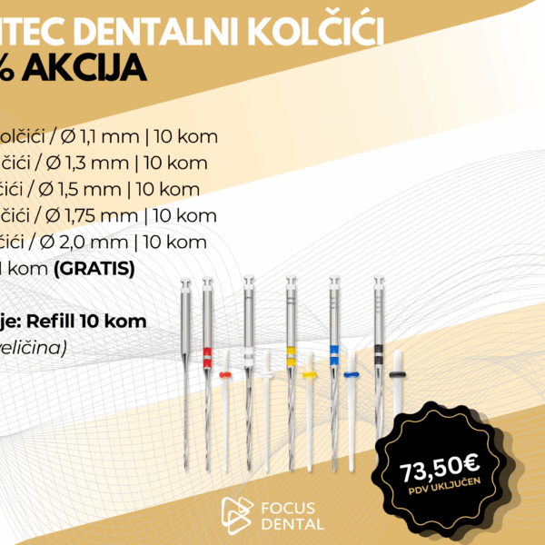 Ljetna akcija uz 30 posto popusta za refill Hahnenkratt Contec refill dentalnih kolčića sa svrdlima. Prikazano je pakiranje s različitim veličinama. Cijena 73,50 eura.