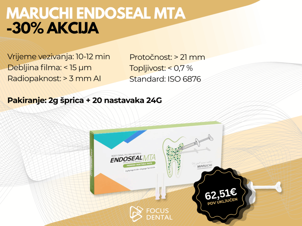 Ljetna akcija uz 30 posto popusta za Maruchi Endoseal MTA. Prikazano je pakiranje koje sadrži 2g špricu s nastavcima. Cijena 62,51 eura.