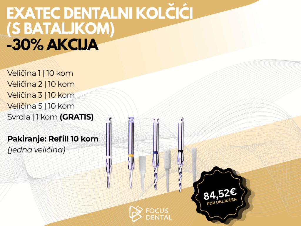 Ljetna akcija uz 30 posto popusta za refill Hahnenkratt Exatec dentalnih kolčića s bataljkom i svrdlima. Prikazano je pakiranje s različitim veličinama. Cijena 84,52 eura.