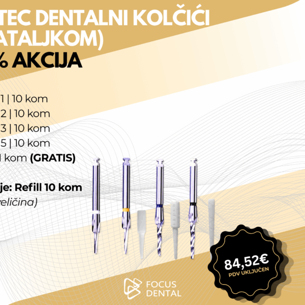 Ljetna akcija uz 30 posto popusta za refill Hahnenkratt Exatec dentalnih kolčića s bataljkom i svrdlima. Prikazano je pakiranje s različitim veličinama. Cijena 84,52 eura.