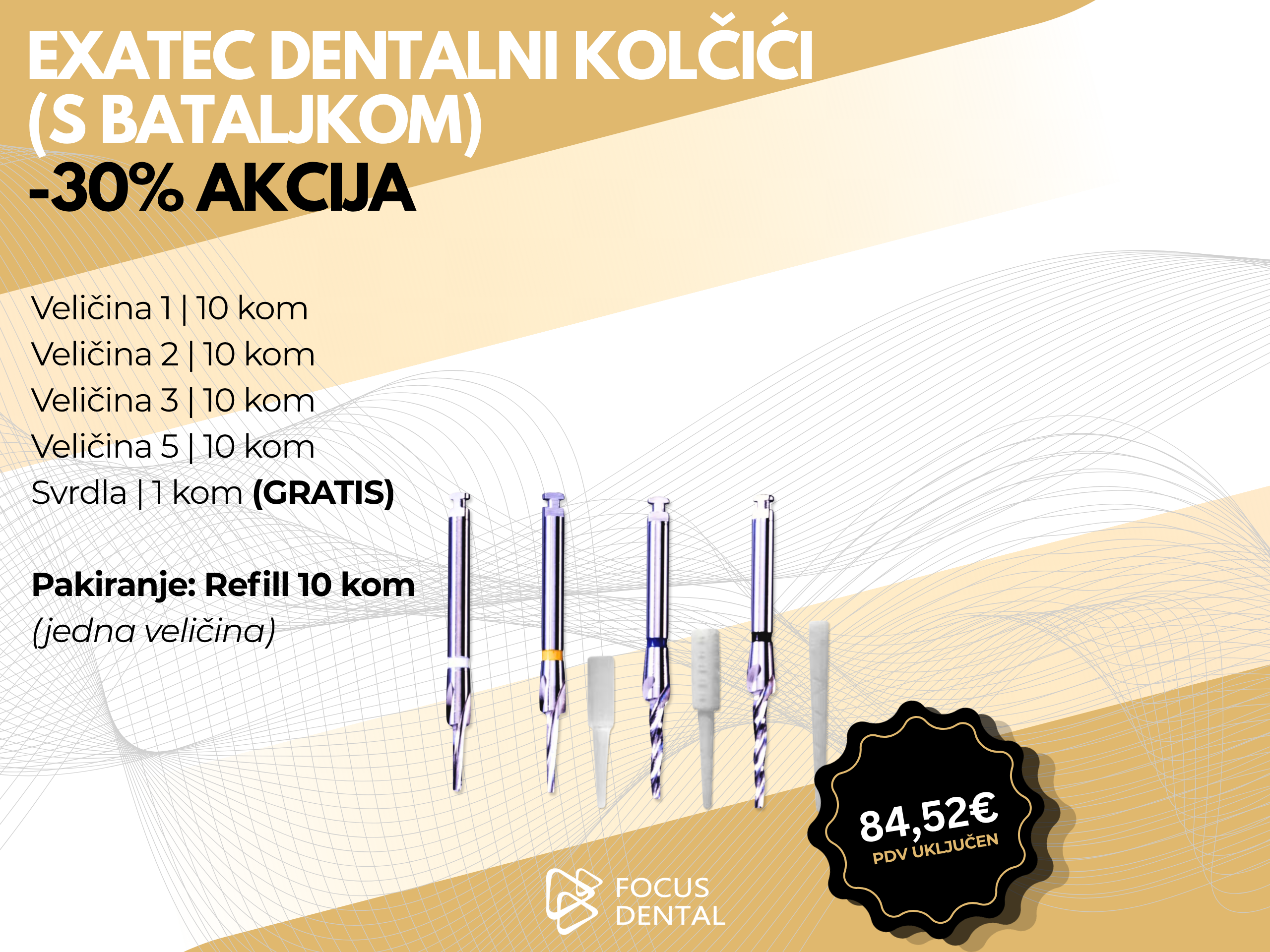 Ljetna akcija -30% - Hahnenkratt Exatec dentalni kolčići s bataljkom refill Ljetna akcija uz 30 posto popusta za refill Hahnenkratt Exatec dentalnih kolčića s bataljkom i svrdlima. Prikazano je pakiranje s različitim veličinama. Cijena 84,52 eura.