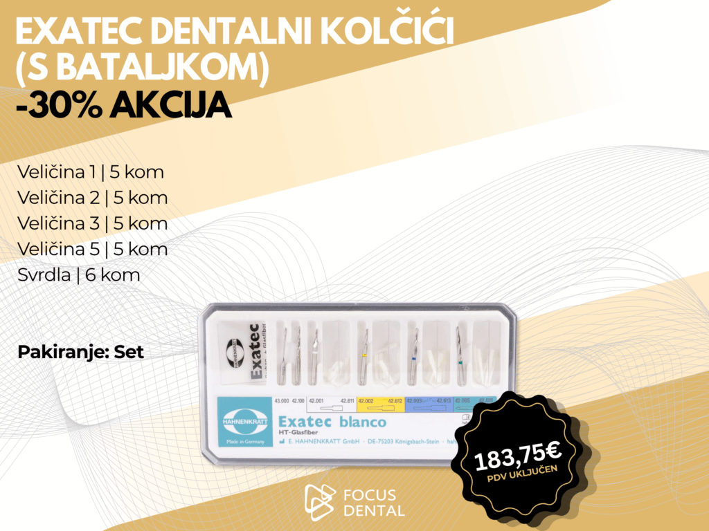 Ljetna akcija uz 30 posto popusta za set Hahnenkratt Exatec dentalnih kolčića s bataljkom i svrdlima. Prikazano je pakiranje s različitim veličinama. Cijena 183,75 eura.
