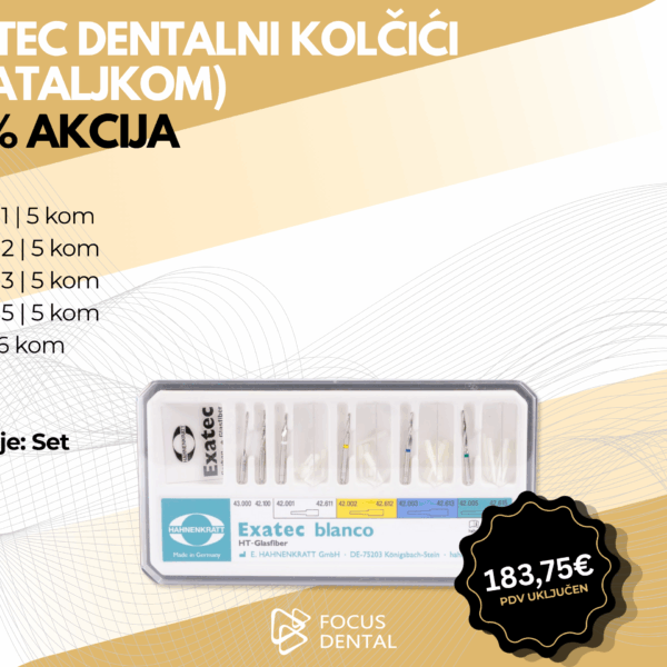 Ljetna akcija uz 30 posto popusta za set Hahnenkratt Exatec dentalnih kolčića s bataljkom i svrdlima. Prikazano je pakiranje s različitim veličinama. Cijena 183,75 eura.