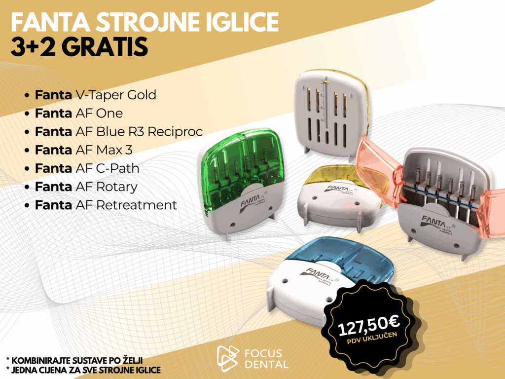 Promotivni banner za strojne endo iglice brenda Fanta Dental u akciji tri plus dva gratis. Prikazane su kutijice s instrumentima. Cijena 127,50 eura, Focus Dental.