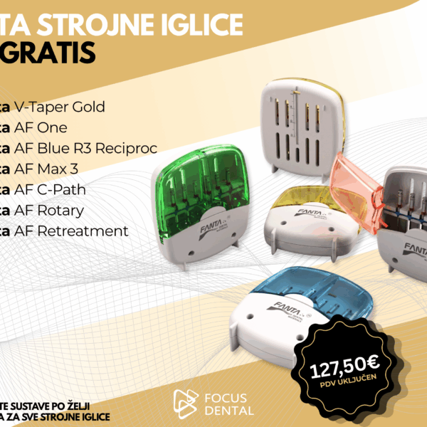 Promotivni banner za strojne endo iglice brenda Fanta Dental u akciji tri plus dva gratis. Prikazane su kutijice s instrumentima. Cijena 127,50 eura, Focus Dental.